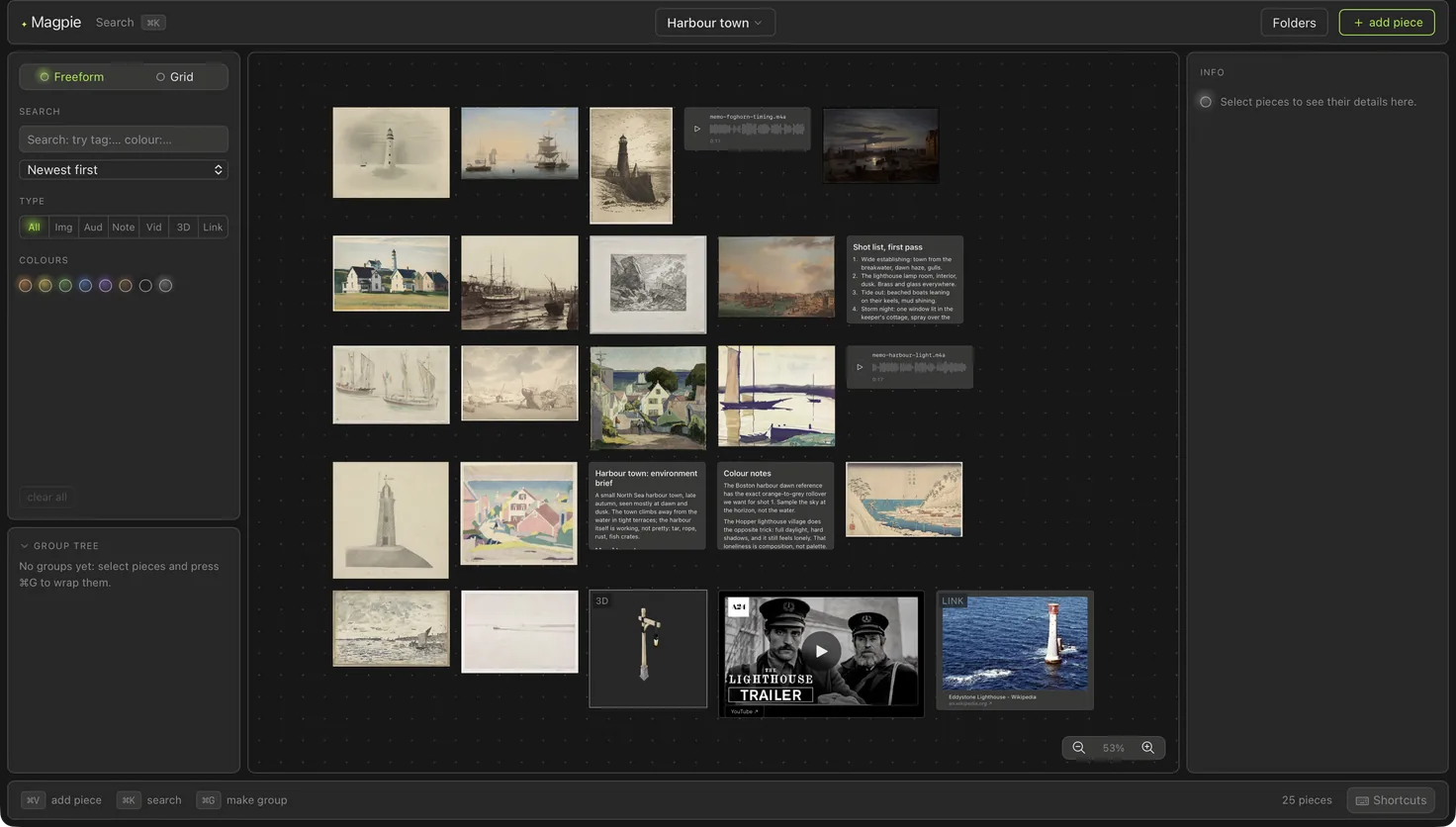 A Grain project: a harbour-town reference board mixing paintings, notes, voice memos, a 3D model and a film trailer on one canvas.